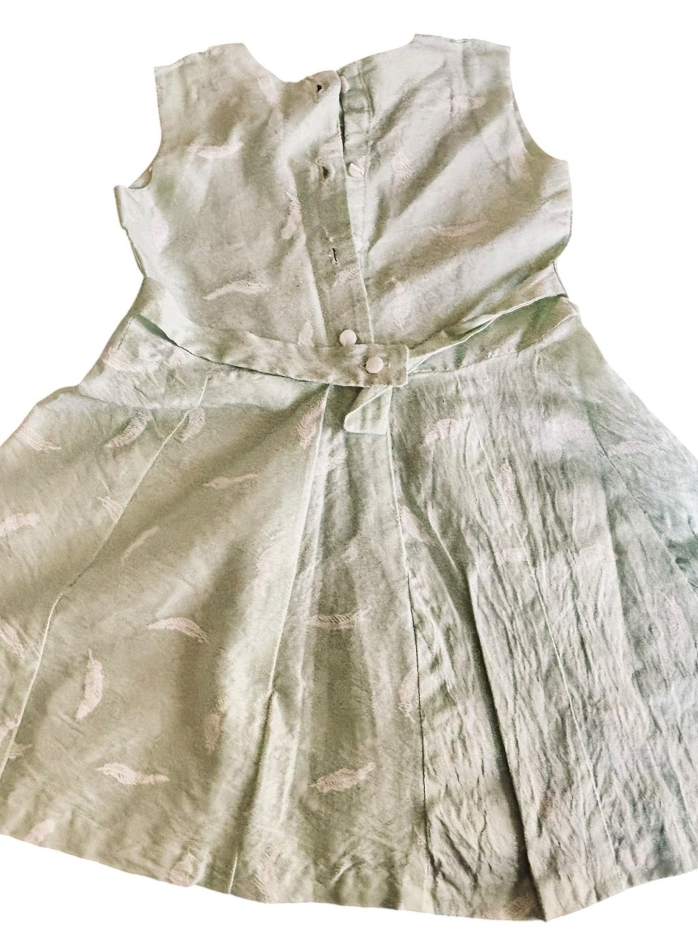 Girls' Handmade Vintage Sage Green Feather Print Formal Dress - Picture 2 of 5